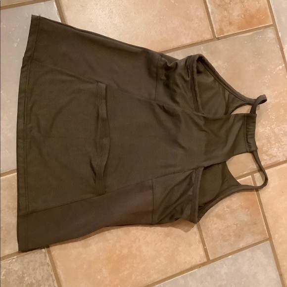 Athleta tank top with molded cup bra. Olive green and black. Sz. M - Picture 3 of 4